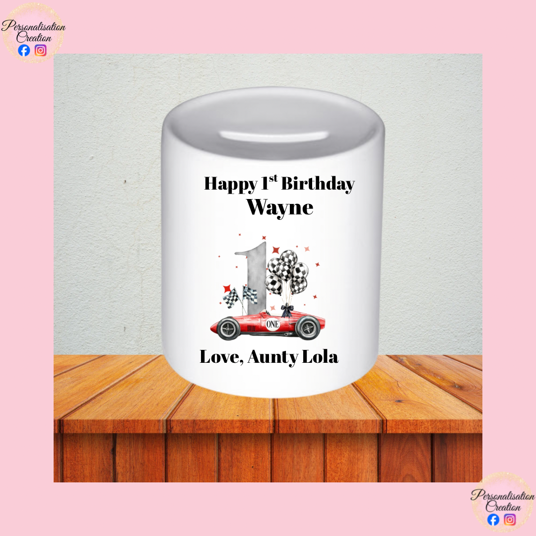 Race car 1st birthday money box