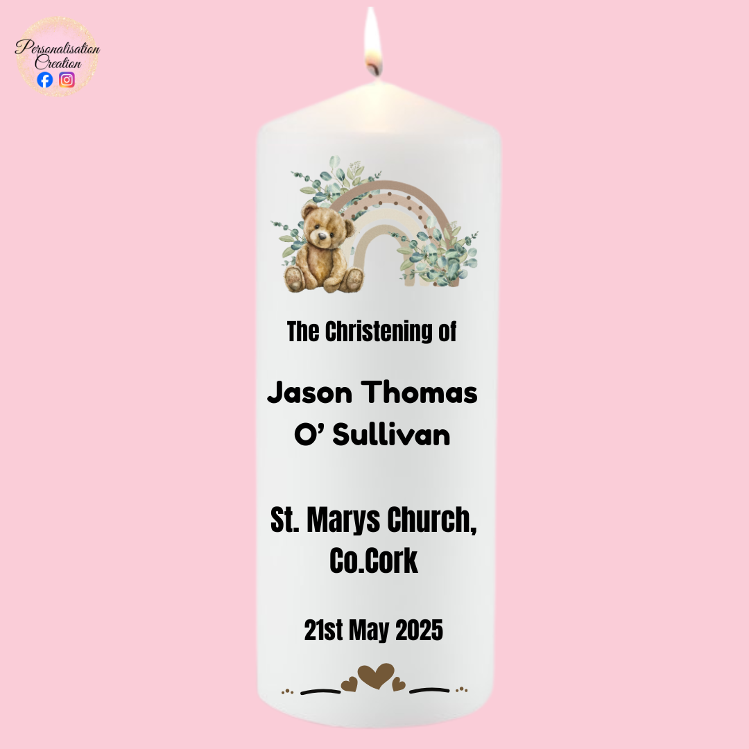 Neutral rainbow bear christening candle