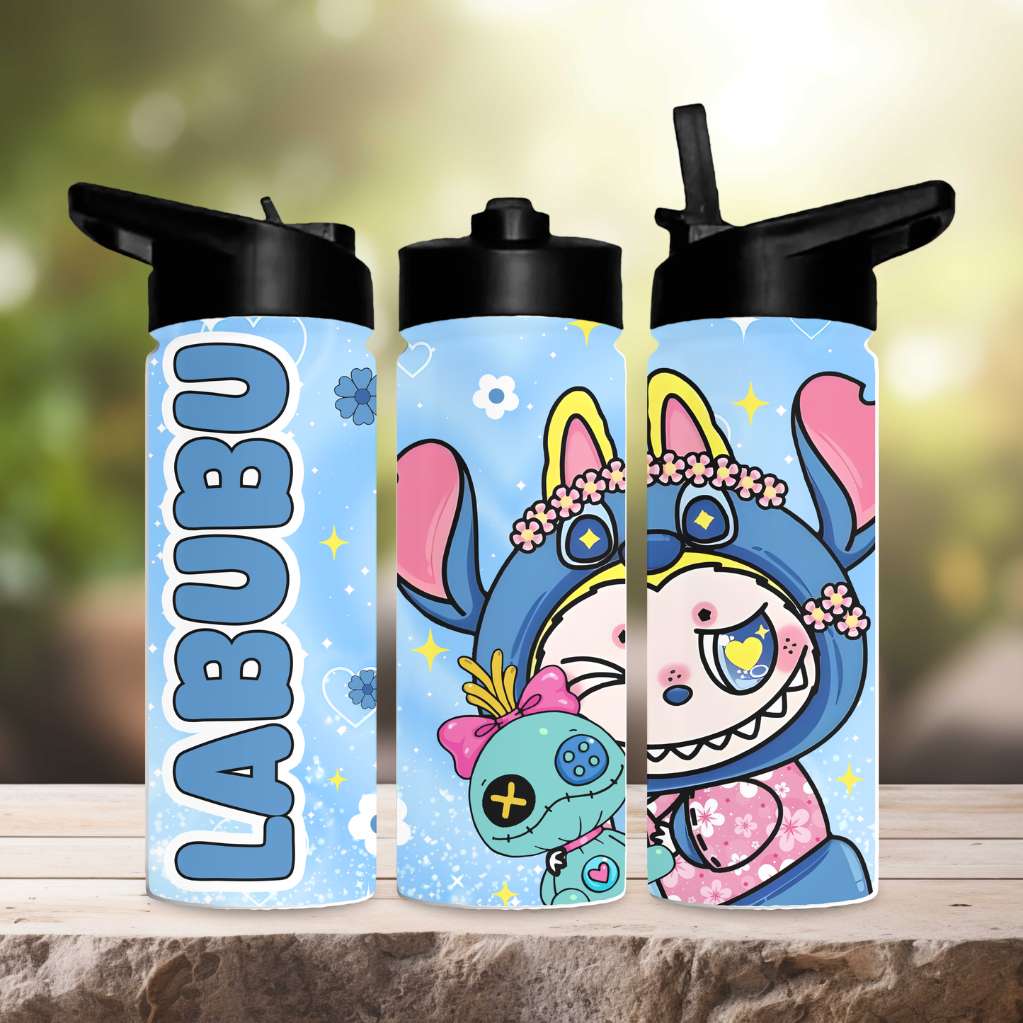 Labubu x stitch 600ml water bottle