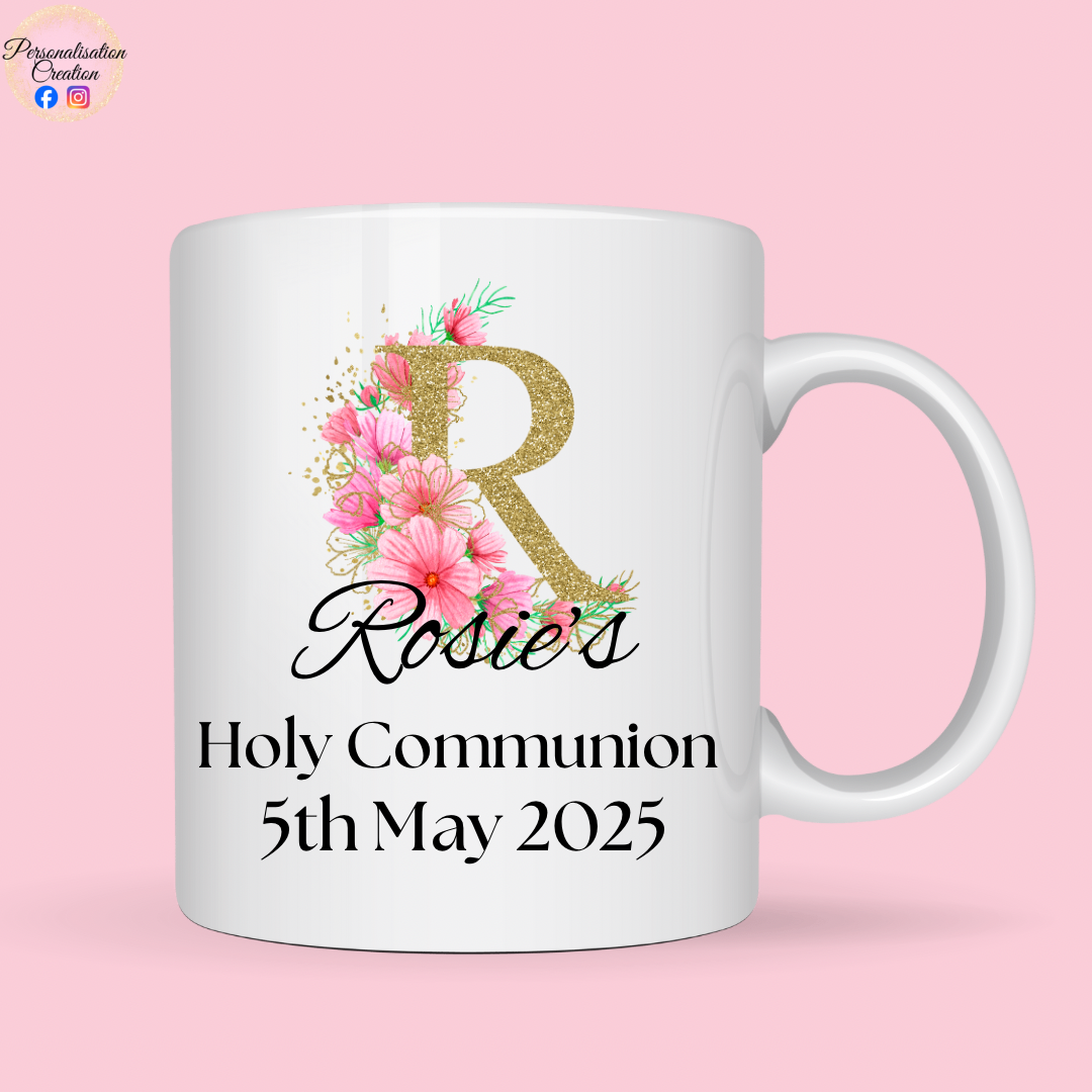 Gold initial communion mug