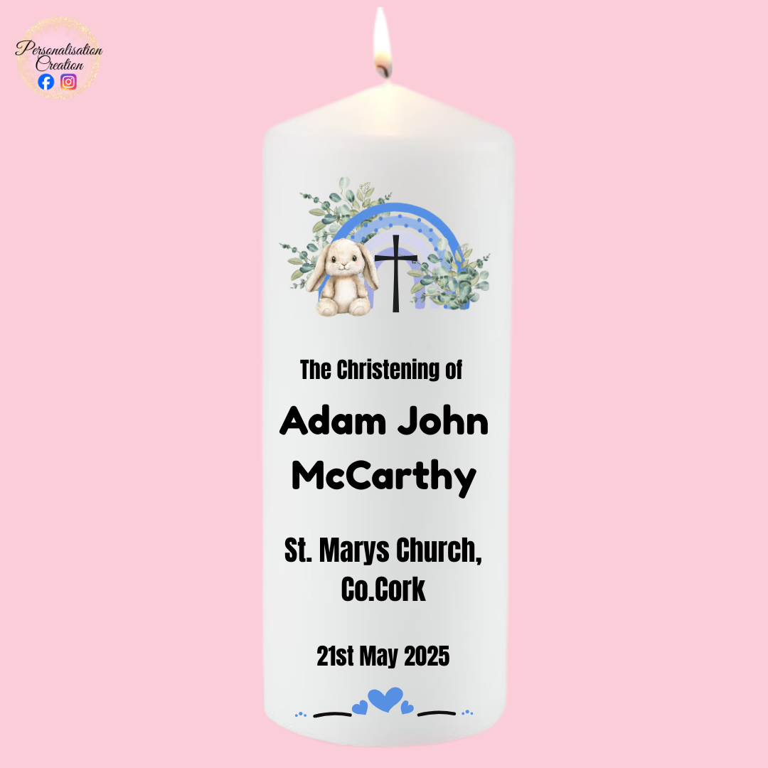 Rainbow bunny christening candle
