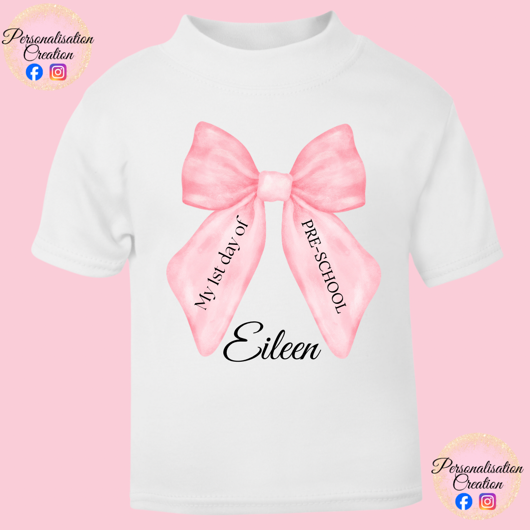 Pink bow 1st day of pre-school t-shirt