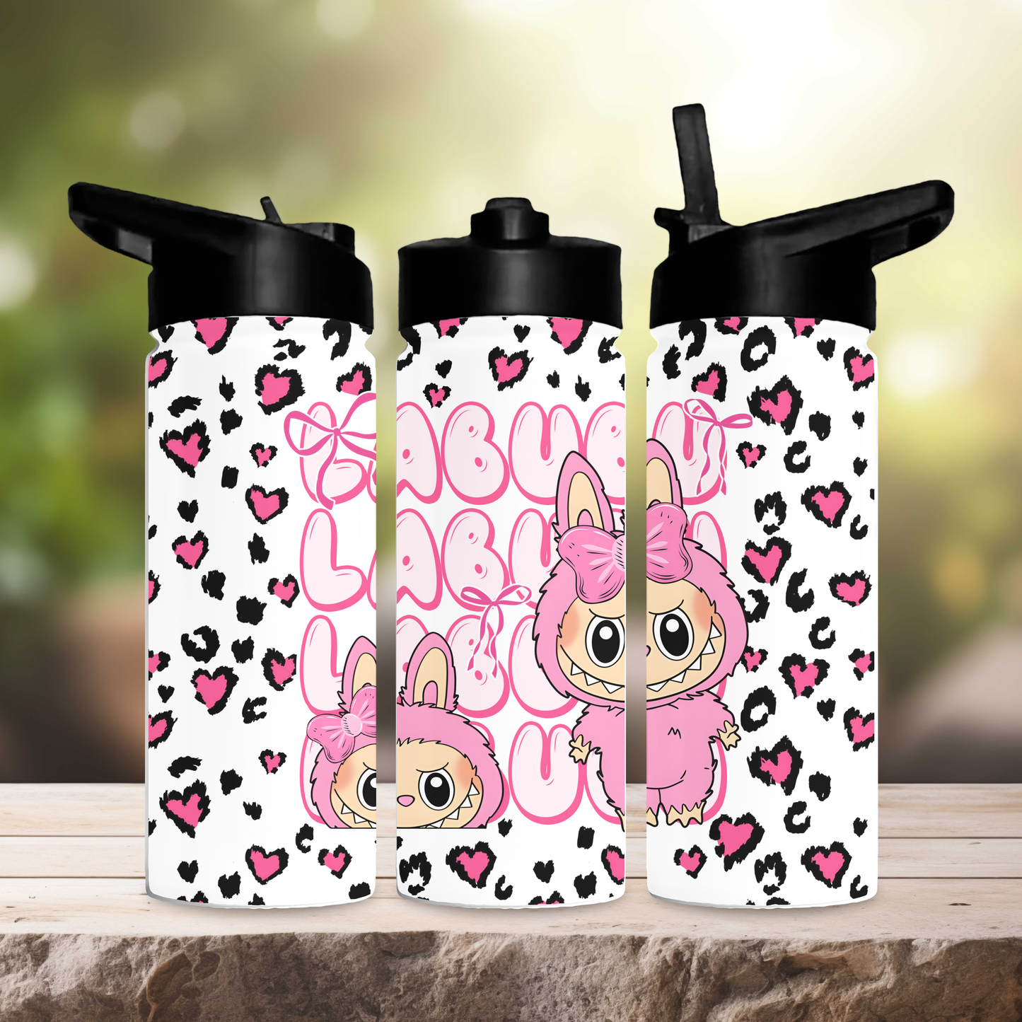 Leopard print labubu 600ml water bottle