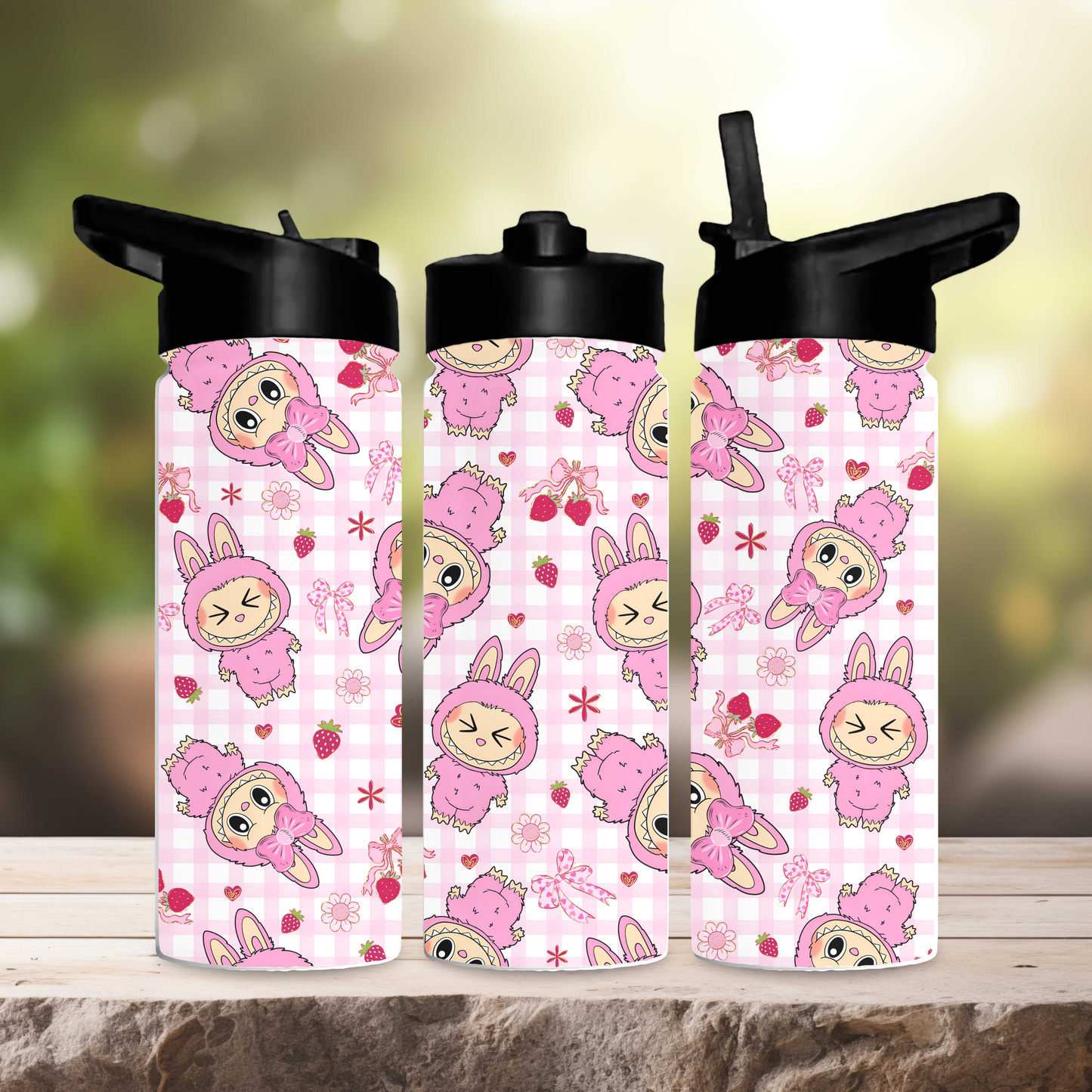 Pink cheked labubu 600ml water bottle