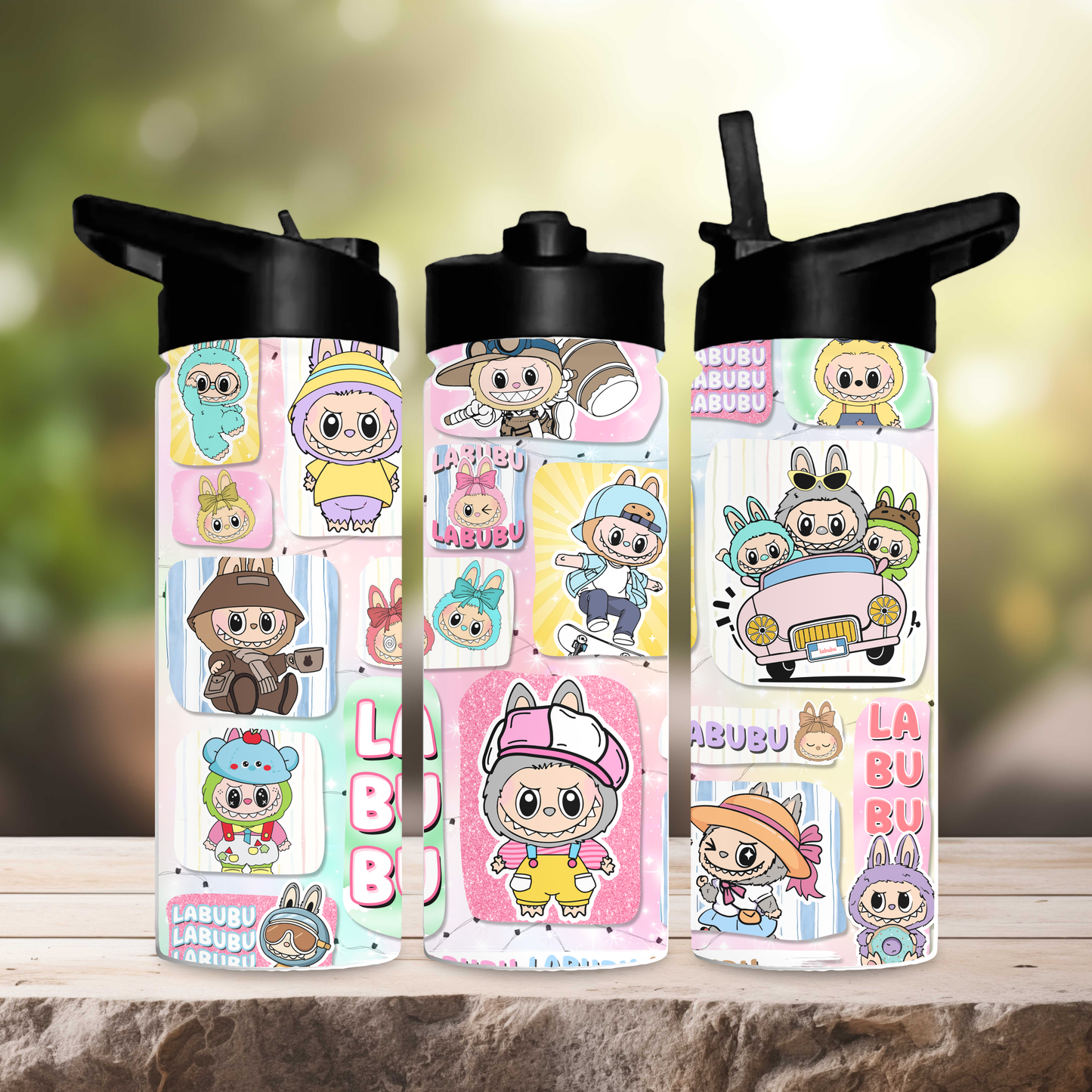 Comic strip labubu 600ml water bottle