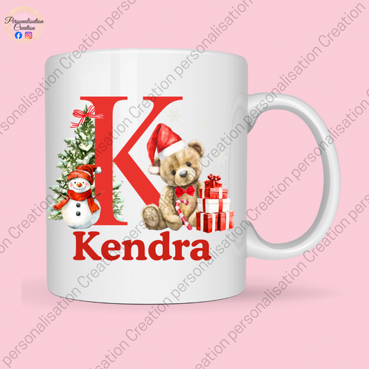 Christmas teddy bear initial mug