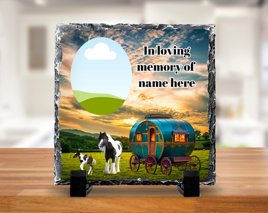 Barrel top wagon & horse memorial slate - 15cm