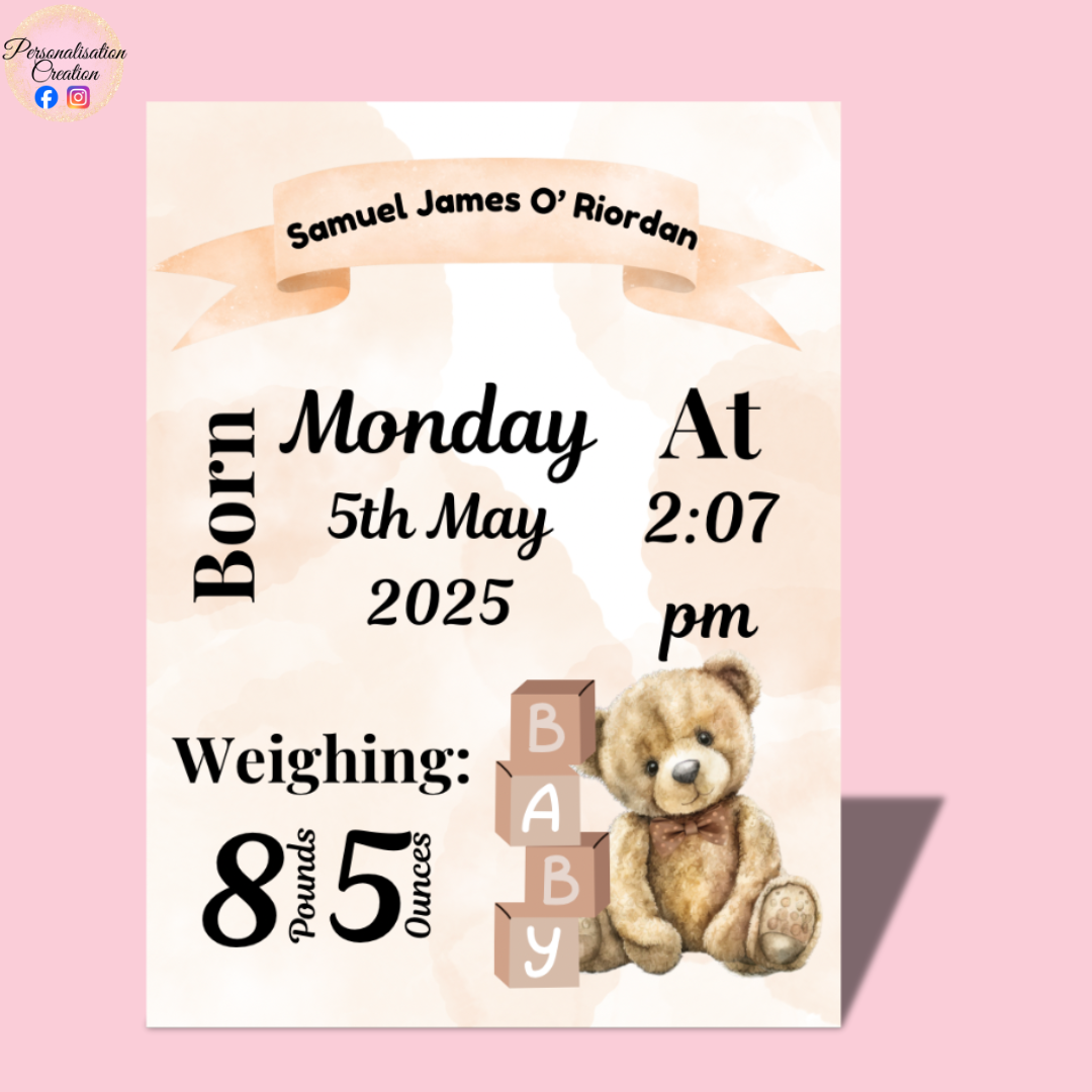 New baby details metal plaque