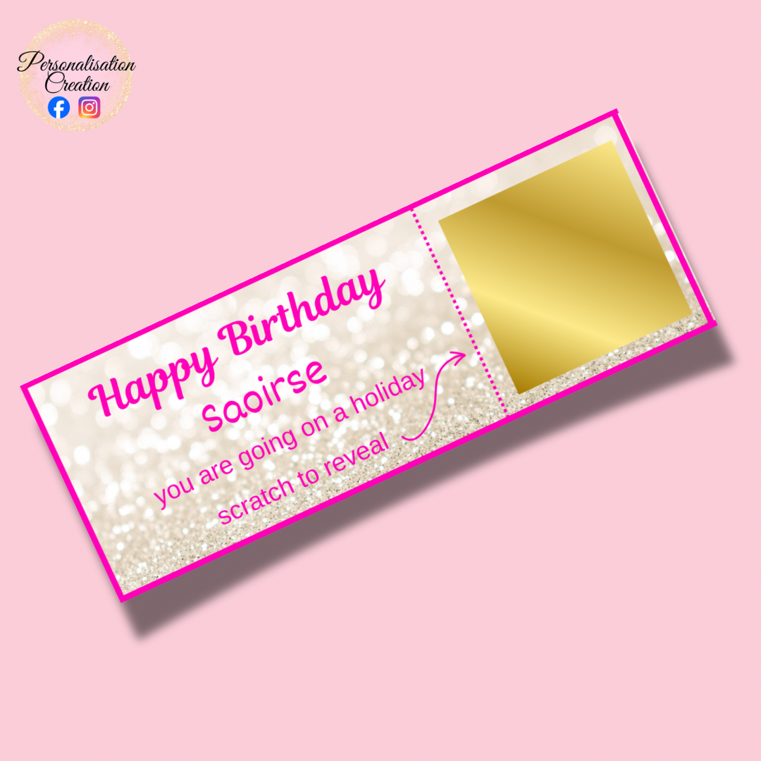 Pink birthday scratch off ticket