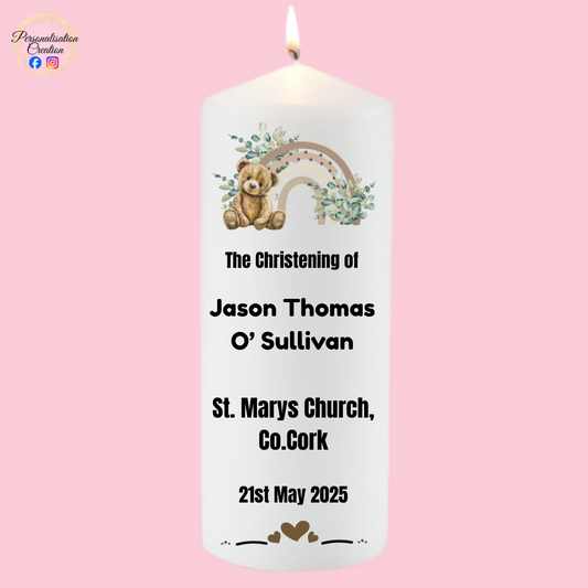 Neutral rainbow bear christening candle