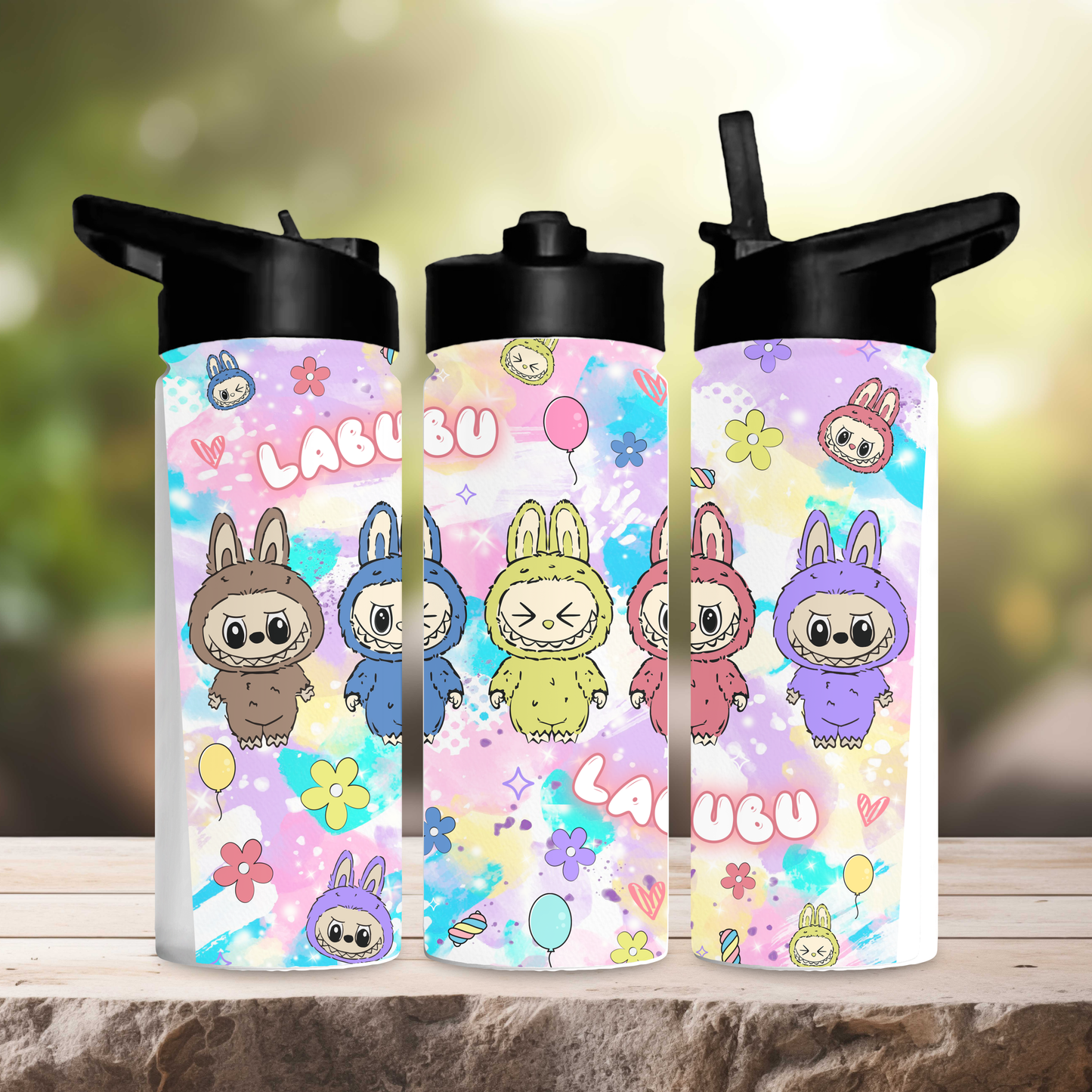 Pastel rainbow labubu 600ml water bottle