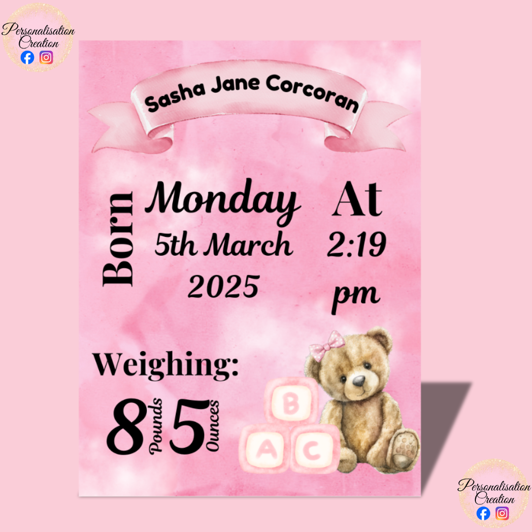 New baby details metal plaque