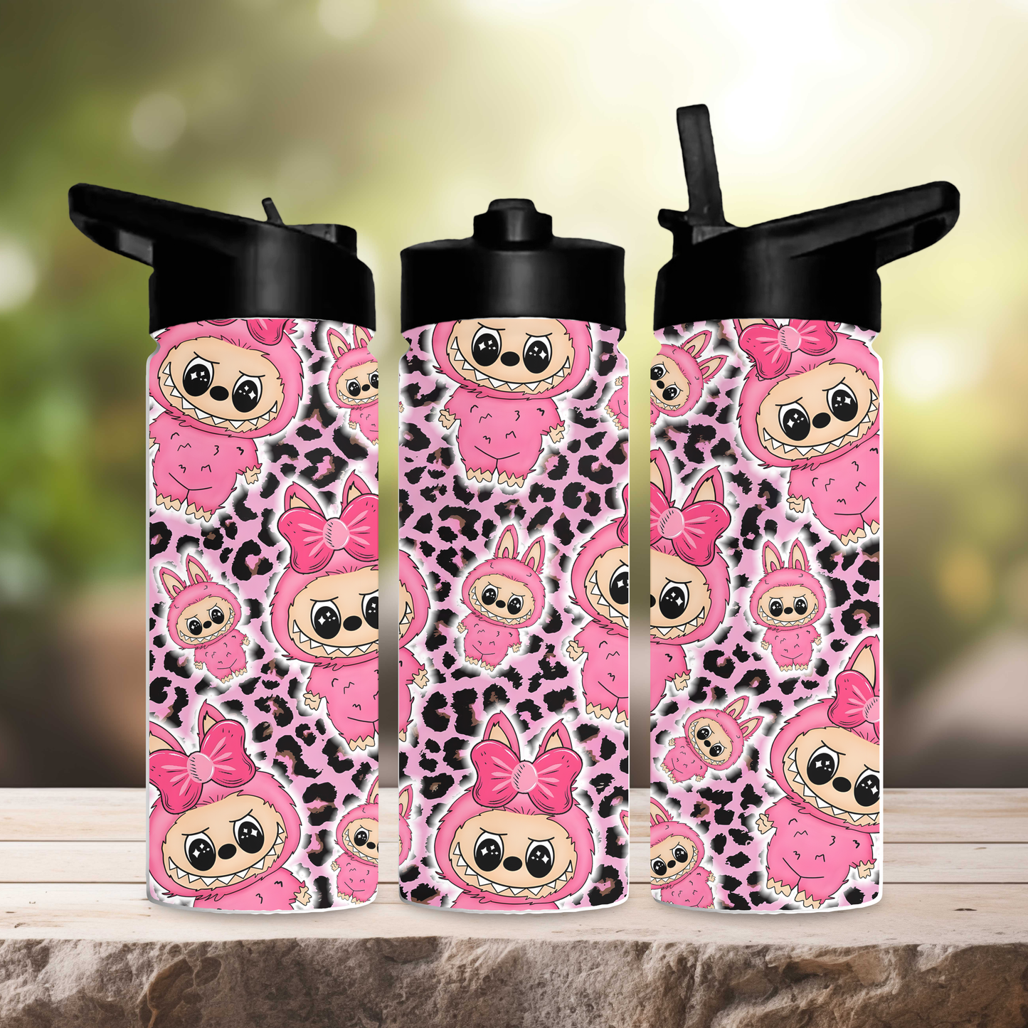 Pink leopard print labubu 600ml water bottle