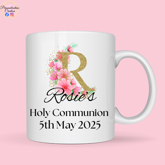 Gold initial communion mug