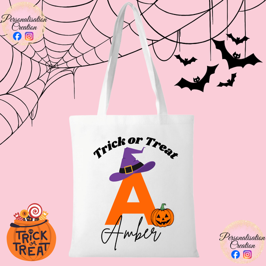 Initial & name trick or treat bag (witches hat)