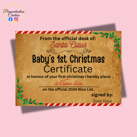 Baby’s first christmas certificate