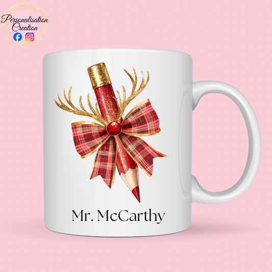 Red check pencil teacher mug in personalised gift box