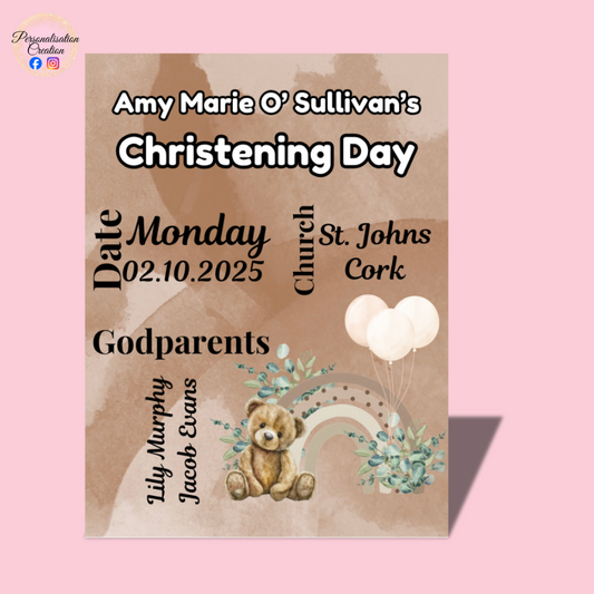 Neutral rainbow bear christening metal plaque