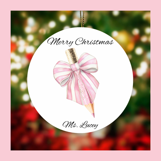 Pink pencil teacher christmas tree ornament