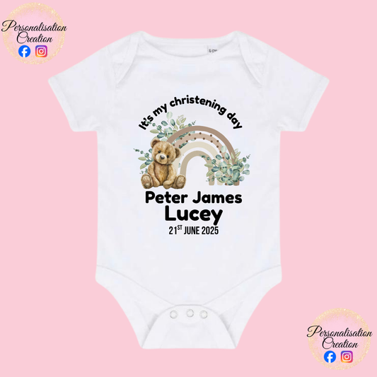 Neutral rainbow bear christening vest