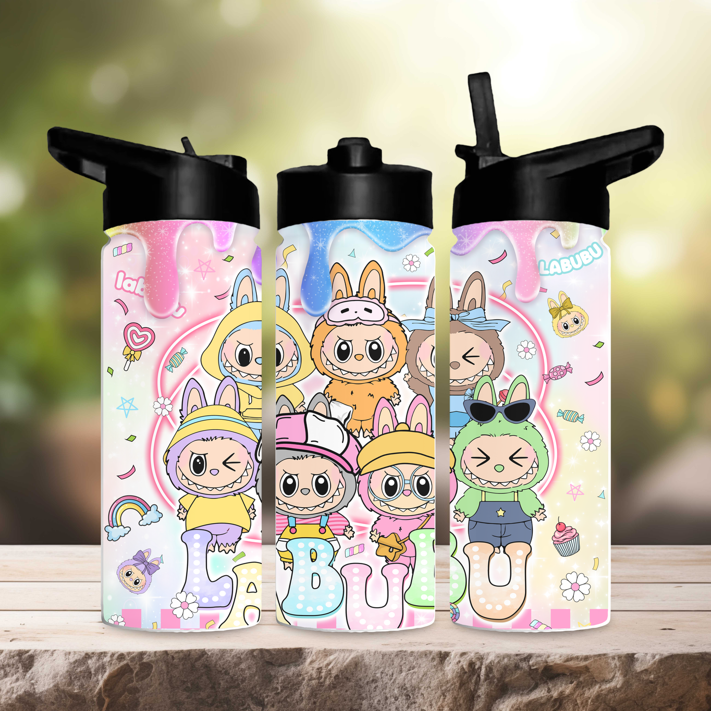 Multicolour labubu 600ml water bottle
