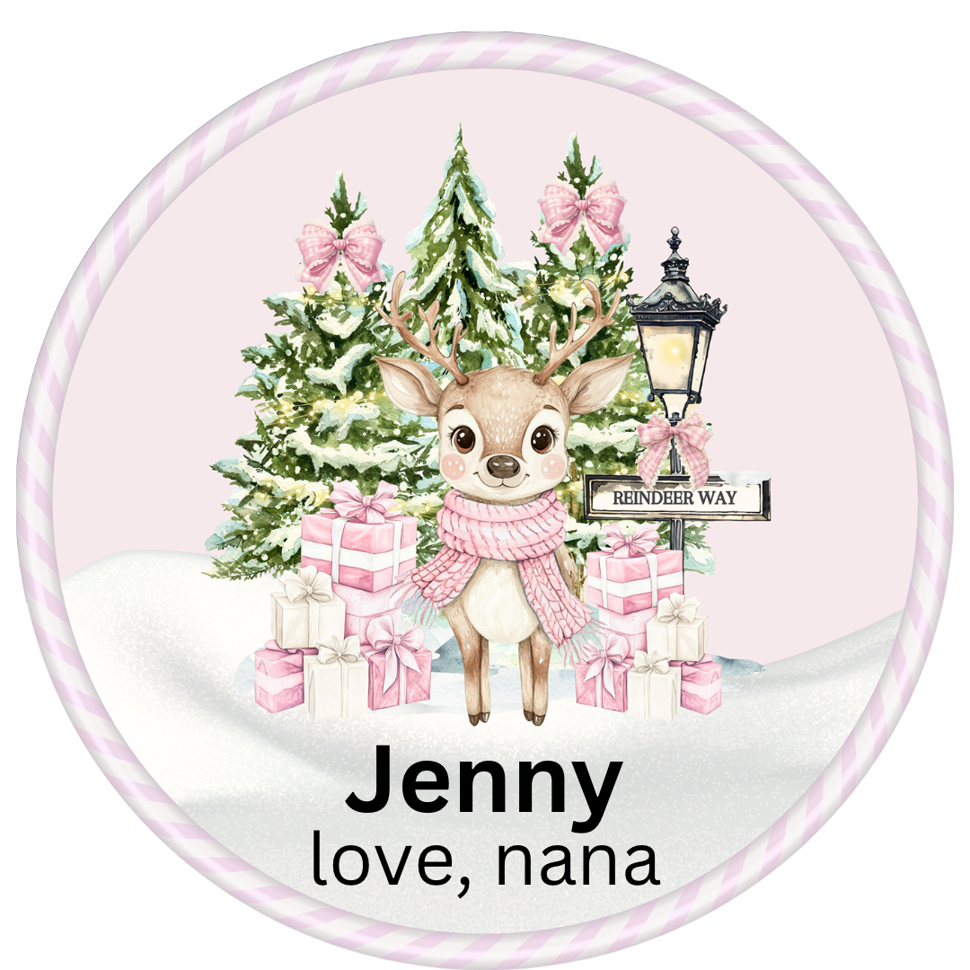 Pink reindeer sweet tub label