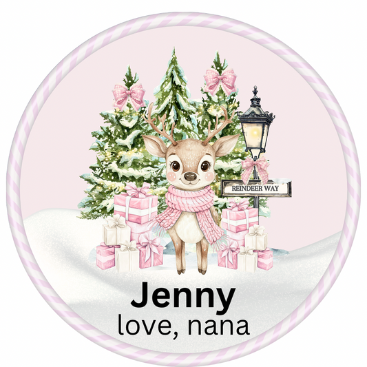 Pink reindeer sweet tub label