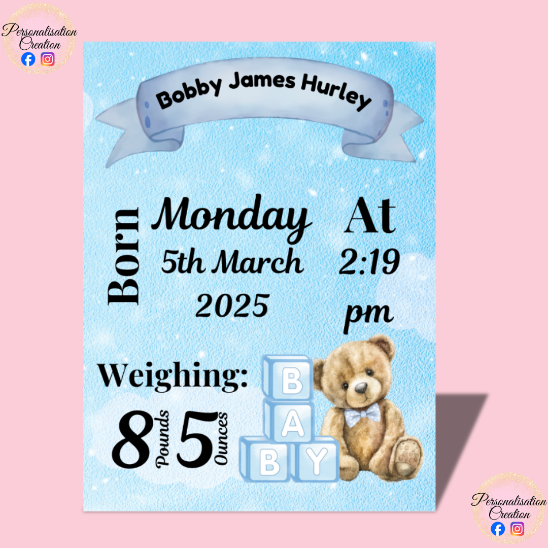 New baby details metal plaque