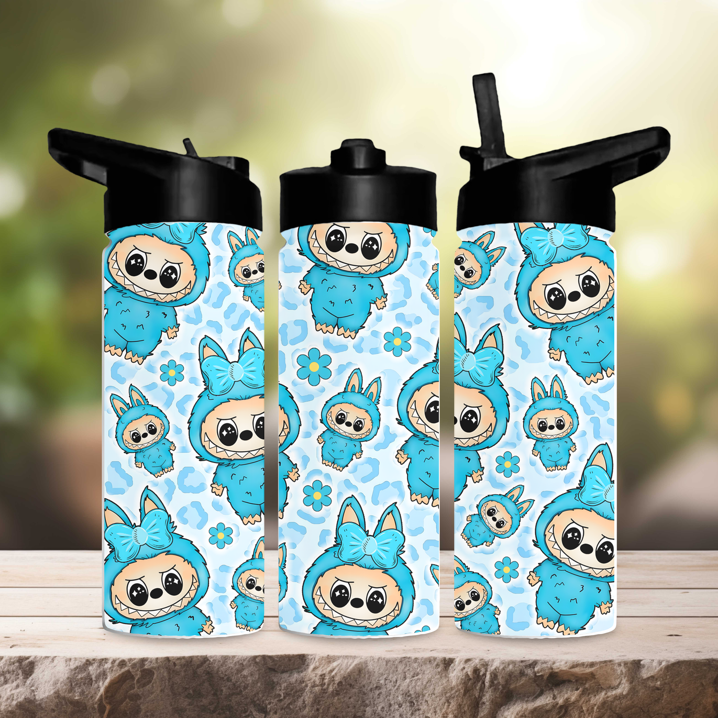 Blue leopard print labubu 600ml water bottle