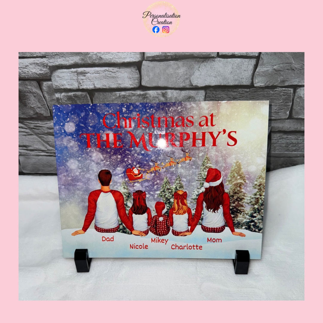 Christmas family metal plaque with stand - snow background